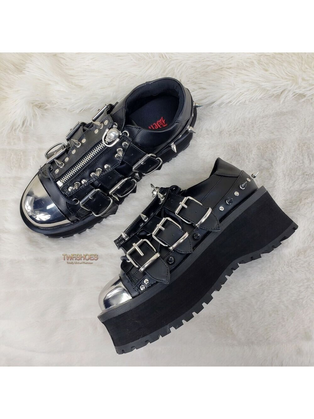 NIB DEMONIA Gravedigger 03 Black Chrome Toe Plate Spiked Shoe Mens Goth Punk